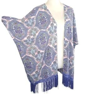 Victoria's Secret Kimono‎ Cardigan XS Purple Paisley Fringe Boho 100% Viscose